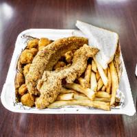 2pc Fish Dinner · Served with fries, coleslaw and hush puppies. Add extra piece of fish for an additional char...