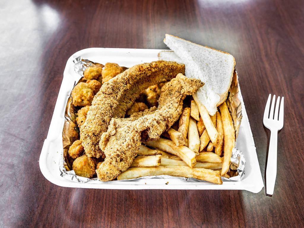 2pc Fish Dinner · Served with fries, coleslaw and hush puppies. Add extra piece of fish for an additional charge.