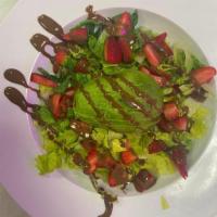 Strawberry and Avocado Salad · Sweet strawberry and avocado on mixed spring salad with house vinaigrette dressing.