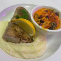 Grilled Mahi Mahi · 8 oz. mahi mahi served with mashed potato and mediterranean sauce, garlic, tomatoes, olives,...