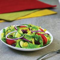 Regular Garden Salad · Mixed lettuce, green pepper, tomato wedges, red onion, cucumbers, Kalamata olives, banana pe...