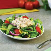 Tuna Salad · Mixed lettuce, green pepper, tomato wedges, red onion, cucumbers, Kalamata olives, banana pe...