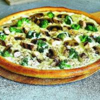 Chicken Alfredo Pizza · Grilled marinated chicken breast, sauteed broccoli and mushrooms in our creamy Alfredo sauce...