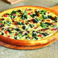Veggie Alfredo Pizza · Sauteed broccoli, mushrooms, spinach and diced tomatoes on our creamy Alfredo sauce, topped ...