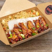 6 Piece Sticky Wings · Smothered in a perfect marriage of honey, soy sauce, chili oil, pepper flakes, and olive oil. 