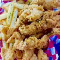 Chicken Strips Tackle Box · Hand-breaded chicken breast strips fried in our signature Tackle Box seasoning, 1 side dish,...