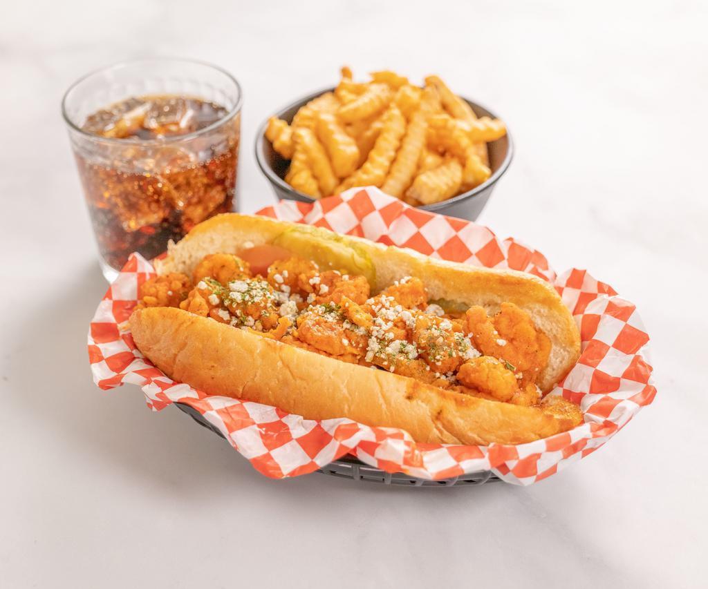 Buffalo Shrimp Po Boy Combo · Fried shrimp tossed in our signature Buffalo sauce, topped with crumbled bleu cheese, served on a soft roll. Comes with seasoned fries  and drink.