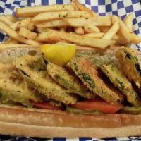 Fried Zucchini Po' Boy · Zucchini, lettuce, tomato, onions, pickles and cheese on a soft roll. Served with Tackle fri...