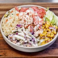 Lobster Bowl · Lobster meat blended with Aioli served over greens, corn salsa, tomato, rice, dressing.