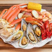 New! Crab Leg Boil (small) · 1 snow crab cluster, 7 large shrimp, 7 Green Shell mussels, 7 crawfish, corn, potato, brocco...