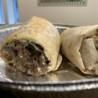 Burrito · Flour tortilla stuffed with beans, cheese and your choice of meat: chicken, skirt steak or a...