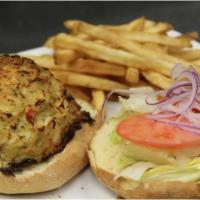 Crab Cake Sandwich · Our jumbo lump crab cake on a roll, served with lettuce, tomato, and onion.