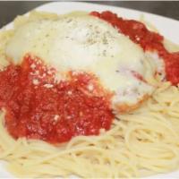 Chicken Parmigiana  · Served over spaghetti. Served with a side of garlic bread.