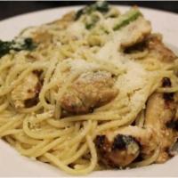 Chicken Broccolini  · Chicken breast and broccoli spears sautéed in olive oil, garlic and herbs, tossed with spagh...