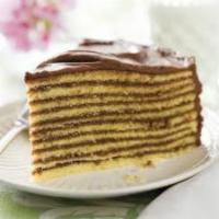 Smith Island Cake · Cake: Seven Layers of yellow cake,
Filling: Fudge Filling,
Icing: Fudge icing topped with va...