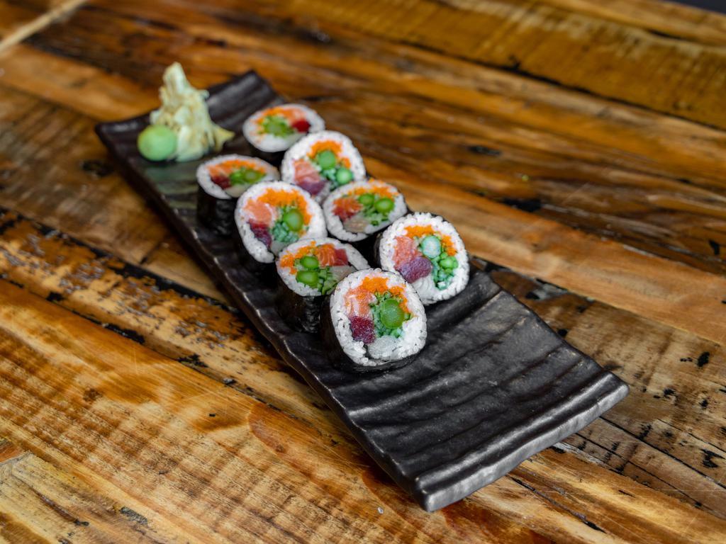 3 Company Roll · 3 kinds of fish (tuna, salmon, and yellowtail), cucumber, scallions, asparagus, and roe.