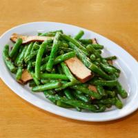 Green Beans · Stir fried green beans with pressed tofu (vegan).