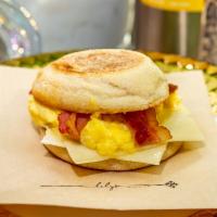 Bacon, Egg & Cheese Sandwich · Sourdough English muffin, scrambled egg, Vermont cheddar, and smokey bacon.