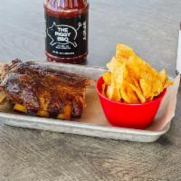 Legendary Ribs Lunch  · 4 pieces with our House Kettle Chips & Piggy Sauce