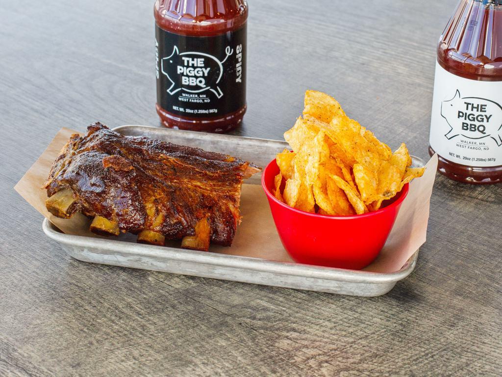 Legendary Ribs Lunch  · 4 pieces with our House Kettle Chips & Piggy Sauce