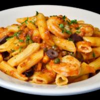 Puttanesca* · Spicy tomato sauce with sauteed shrimp, Sicilian capers, and Kalamata olives.
