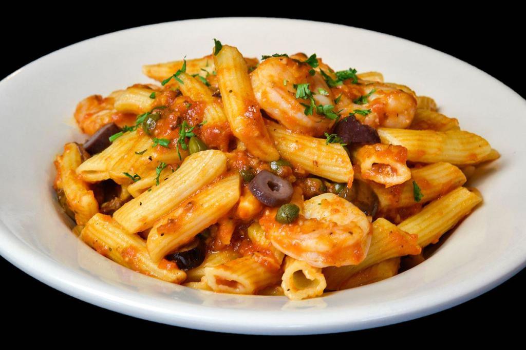 Puttanesca* · Spicy tomato sauce with sauteed shrimp, Sicilian capers, and Kalamata olives.