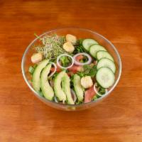 Garden Veggie Salad · Avocado, olives, cucumbers, bell peppers, lettuce, onion, tomato and spinach.