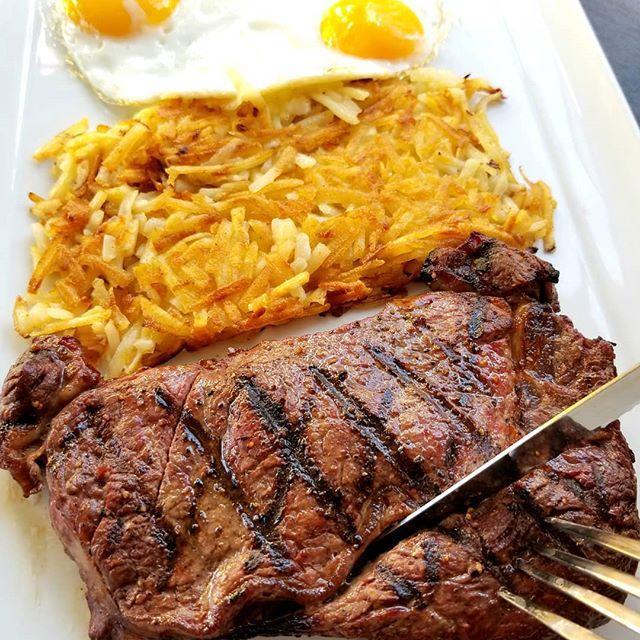 Steak and Eggs · Rib-eye steak, 2 eggs any style, served with roasted potatoes, hash browns or house made chips.