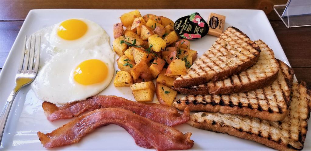 Two Egg Breakfast · Eggs any style, served with roasted potatoes, hash browns, house made chips or fruit, toast and choice of one: bacon, sausage, turkey sausage, turkey bacon or avocado.