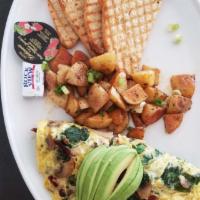❤ Goat Cheese and Spinach Omelette · Goat cheese, spinach, sun dried tomatoes, avocado, mushroom and basil.