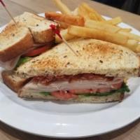 Sauganash Club · Turkey, bacon, lettuce, tomato and mayo on multi-grain or white bread. Served with French fr...