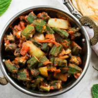Okra Masala · Farmers market fresh okra and a slew of aromatic spices.