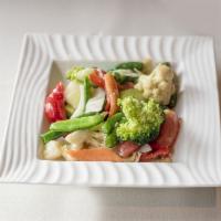 Burmese Style Mixed Vegetables · Stir fried mixed vegetables with cauliflower, broccoli, cabbage, string bean, tomato, carrot...