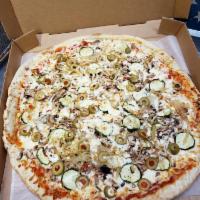 Extra Large Capitana Pizza · Sauteed vegetables. Sauce, cheese with sauteed zucchini, grilled onions, mushrooms, and gree...