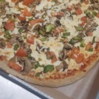 Extra Large Whole Wheat Veggie · Fresh Mushrooms, Onions, Green Peppers Tomatoes, Sauce and Cheese.
Finished with garlic powd...