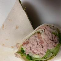 Tuna Wrap · Tuna, mayo, onions or no onions, lettuce, tomato, and cucumber in a wrap.