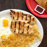 Chicken Breast Breakfast · Choice of 1 or 2 pieces chicken breast, 3 eggs, choice of breakfast potatoes, and toast.