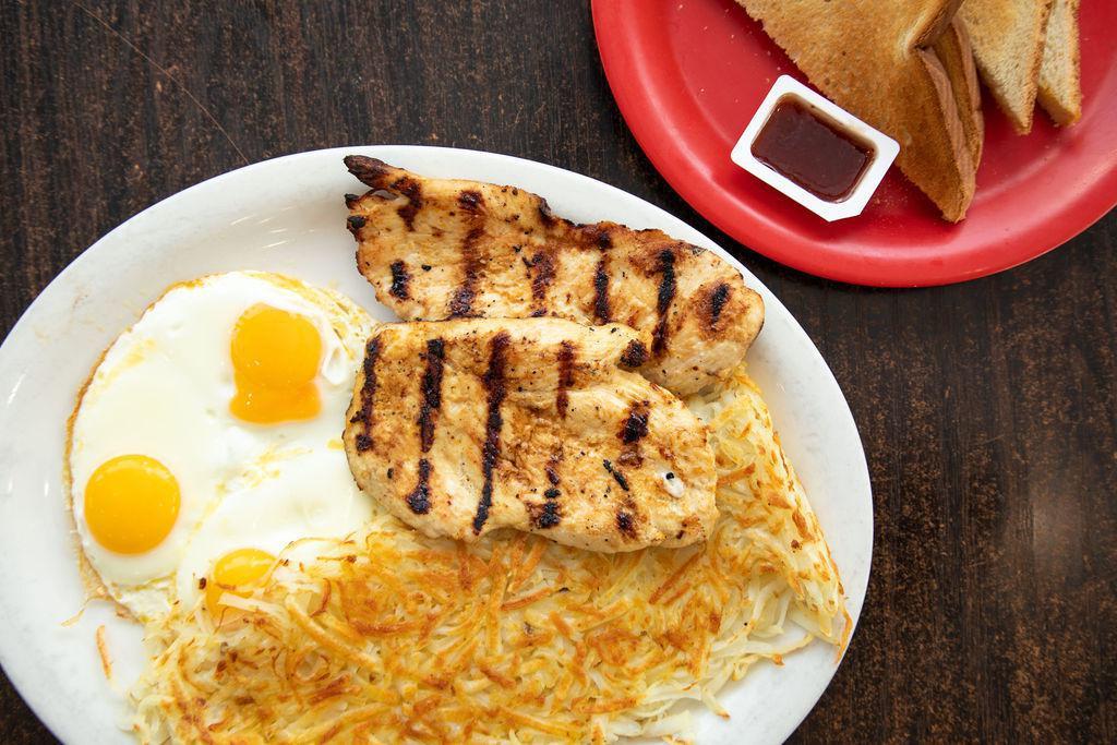 Chicken Breast Breakfast · Choice of 1 or 2 pieces chicken breast, 3 eggs, choice of breakfast potatoes, and toast.
