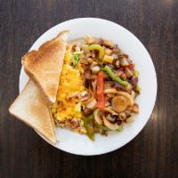 Chicago Eggs · Sausage, bacon, ham, veggies, and scrambled eggs. It comes with our delicious 
