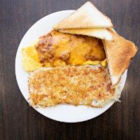 Chili-Cheese Omelette · Chili and shredded cheddar cheese. Served with choice of breakfast potatoes and toast.