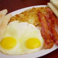 1. Bacon and Eggs · Three strips of bacon and two eggs. Served with hash brown, toast and jelly. Please specify ...