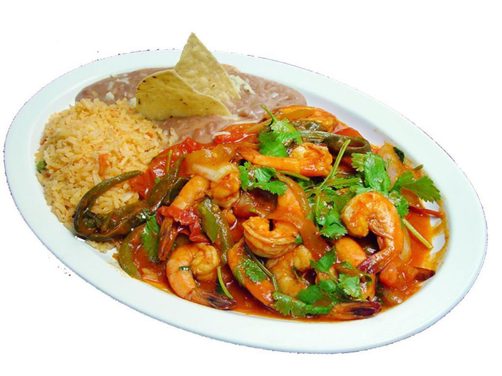 54. Camarones Rancheros · Twelve shrimp in ranchero sauce, bell peppers, cilantro, tomatoes, onions, tortillas, rice and beans.