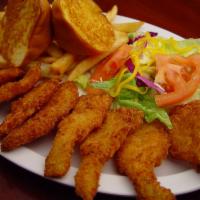 55. Camarones Empanizados · Ten fried battered shrimp with garlic bread, french fries and salad.