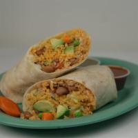 Rodeos Veggie Burrito · Rice, pinto beans, avocado, pico de gallo, lettuce and sour cream wrapped in a flour tortilla.