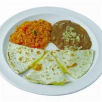 Kids Jr. Quesadilla Plate · Three triangular quesadilla slices, rice and beans. 