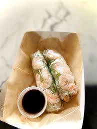 Fresh Roll · Shrimp, lettuce, cucumber, carrot and rice noodles. Side of sesame hoisin sauce with crushed peanuts. Dairy-free, gluten-free, vegan optional for free.