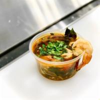 Tom Yum Soup · Mildly spiced. Green onion, cilantro, tomato, mushroom, bamboo. Gluten-free. Dairy-free. Veg...