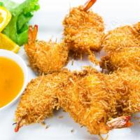 9. Coconut Shrimp · 7 pieces. Deep-fried coated shrimp with shaved coconut served with sweet and sour sauce.
