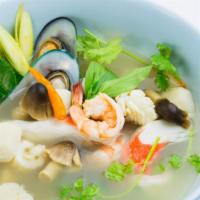 4. Seven Sea Seafood Soup · Mixed seafood soup with lemongrass, chili, ginger and lime juice. Spicy.