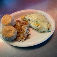 Pueblo Chili Chicken Omelet · Chicken with Pueblo chili, jalapenos, onions and bell peppers with shredded cheese inside an...